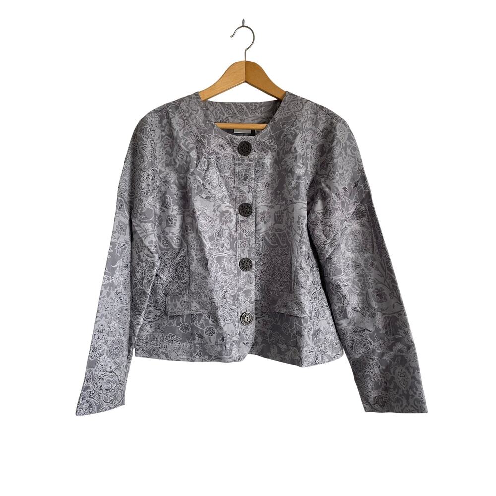 Chico's Silver Gray Silk Blend Brocade Jacket Blazer 2 US L 12 Quiet Luxury